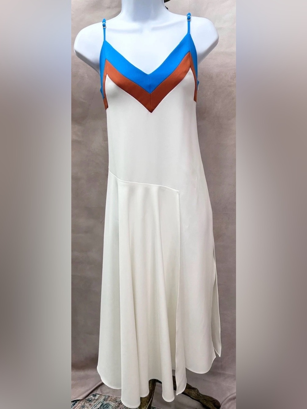 Milly A-line Cream, Blue & Bronze Sleeveless Midi Dress Size 0